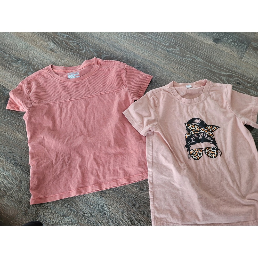 Cat & Jack Girls Pink Textured Ribbed Shirt & Leopard Messy Bun Tee Lot XS #6